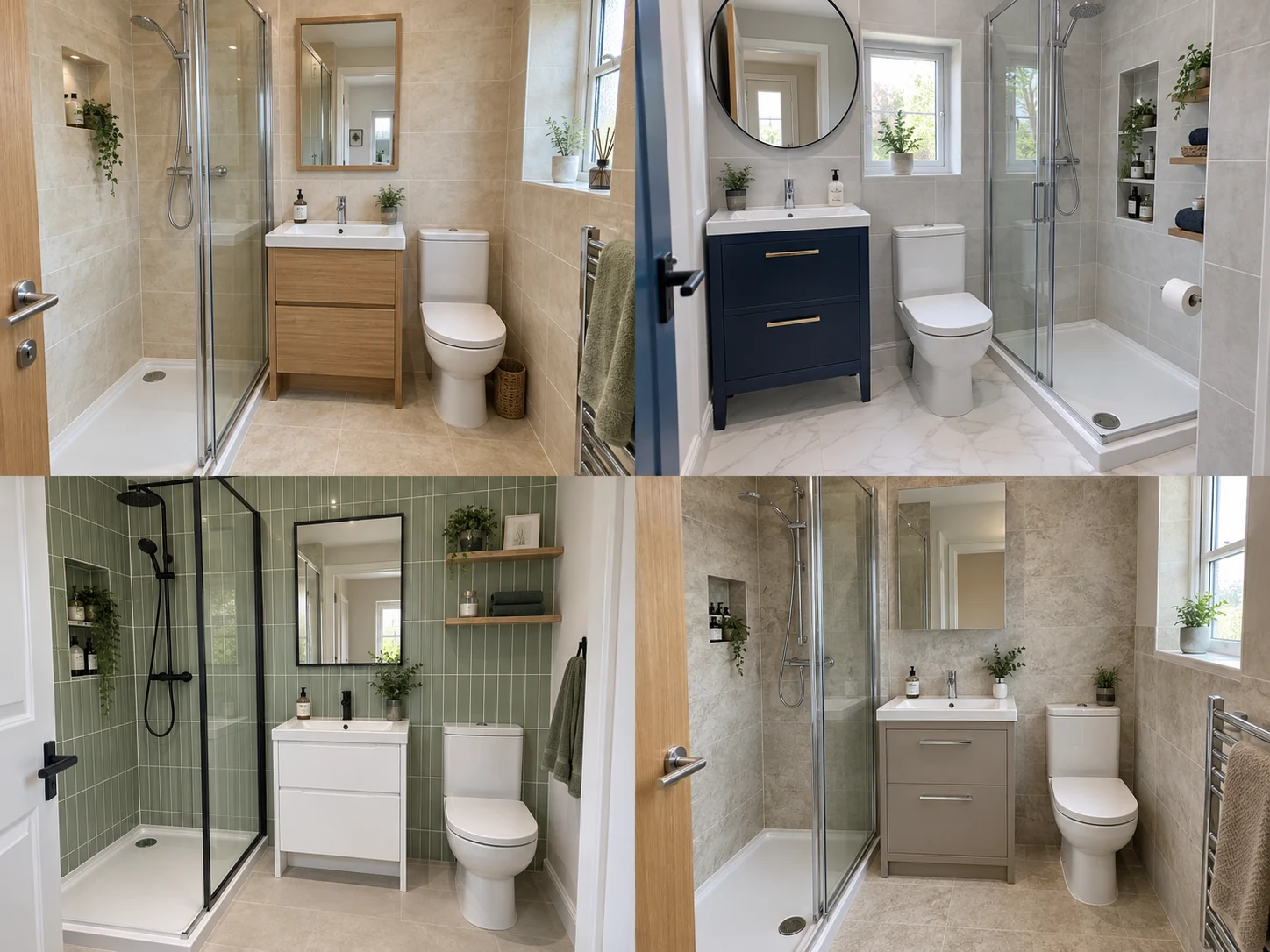 Compact shower room with warm stone walls, taupe vanity, chrome frame